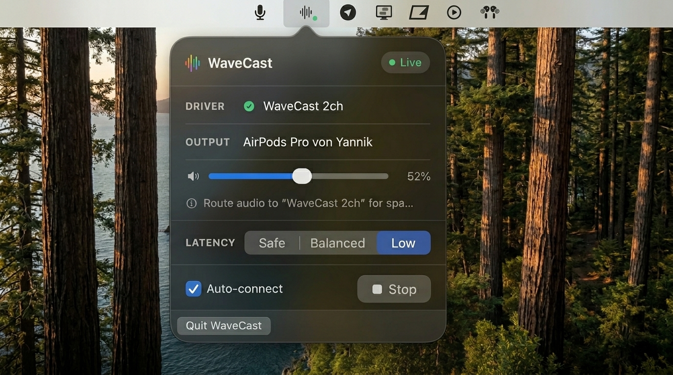 WaveCast macOS menu bar app showing spatial audio routing